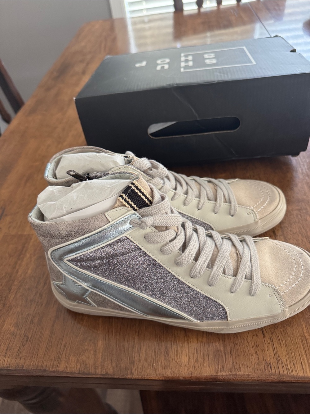 ShuShop Neutral Taupe High-Top Sneakers with Silver Glitter Panels